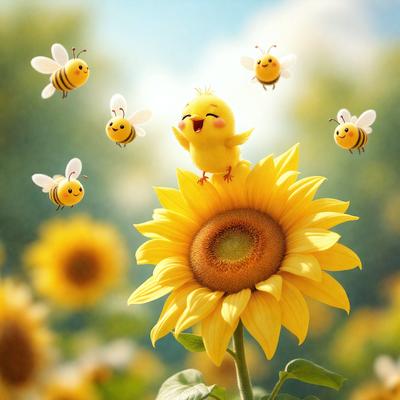 The primary subject of the image is a yellow bird sitting on top of a yellow sunflower. The bird appears to be smiling, and there are several bees flying around it. The setting is a garden, with the sunflower being the main focus. The visual style is a combination of photo and digital art, creating a vibrant and lively atmosphere. The colors are predominantly yellow and orange, giving the image a warm and cheerful mood.